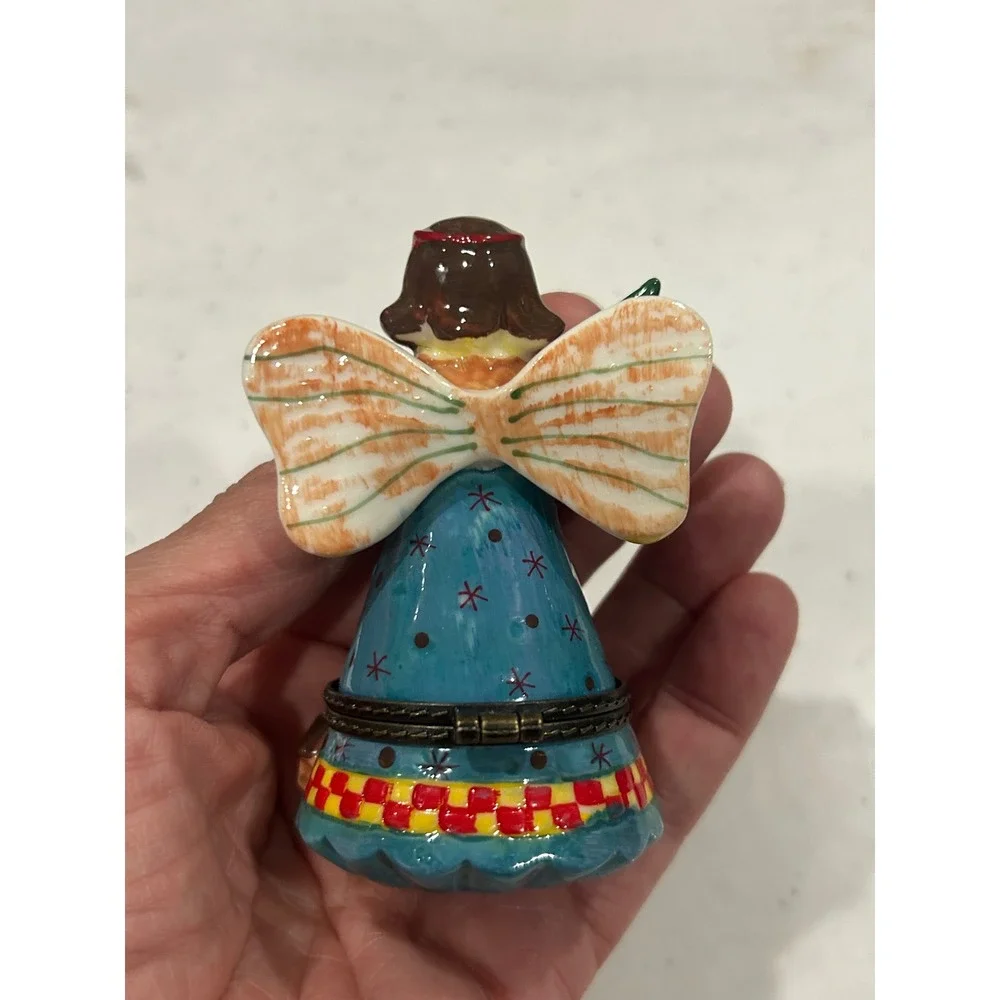 Christmas Angel Hinged Trinket Box Ceramic Hand Painted Holiday Figurine fun